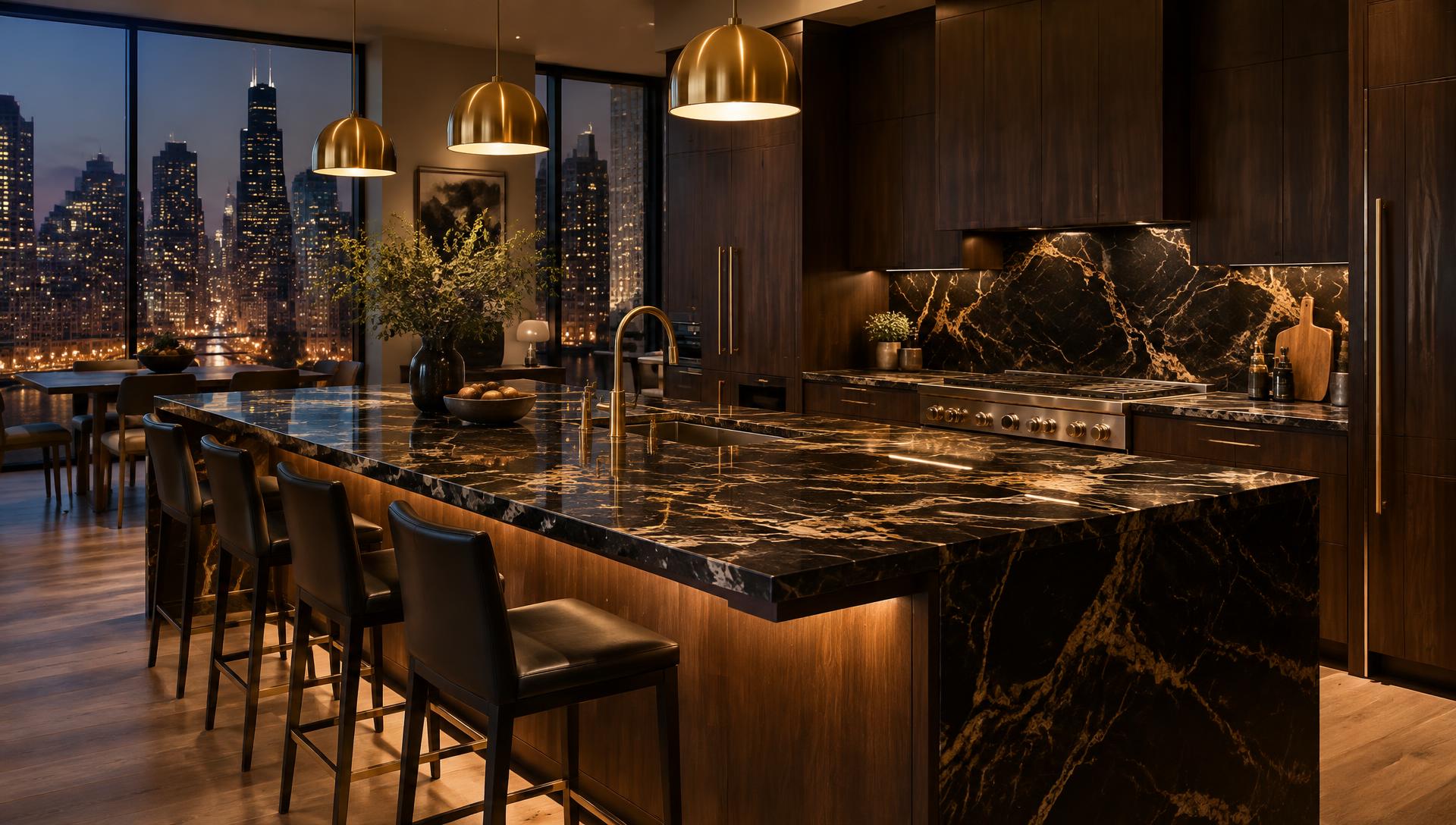 Luxury black granite kitchen island installed in a Chicago home
